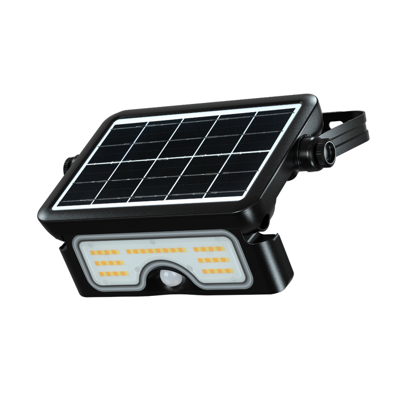 A black solar-powered outdoor light fixture with an integrated solar panel on top and an LED light bar below, shown on a plain white background.