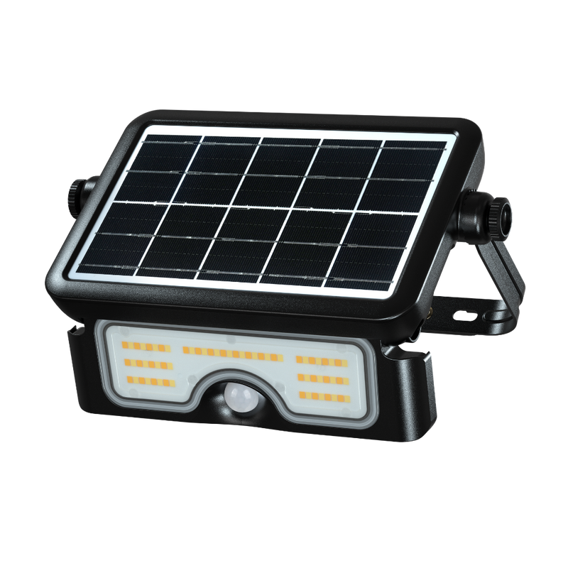 A solar-powered LED light fixture with a black housing, a rectangular solar panel on top, and an integrated motion sensor, shown on a plain white background.