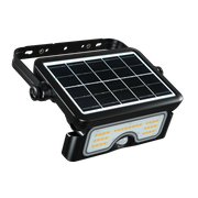 A black solar-powered LED wall light with an integrated mounting bracket, a solar panel on top, and an LED light bar below, shown on a solid white background.