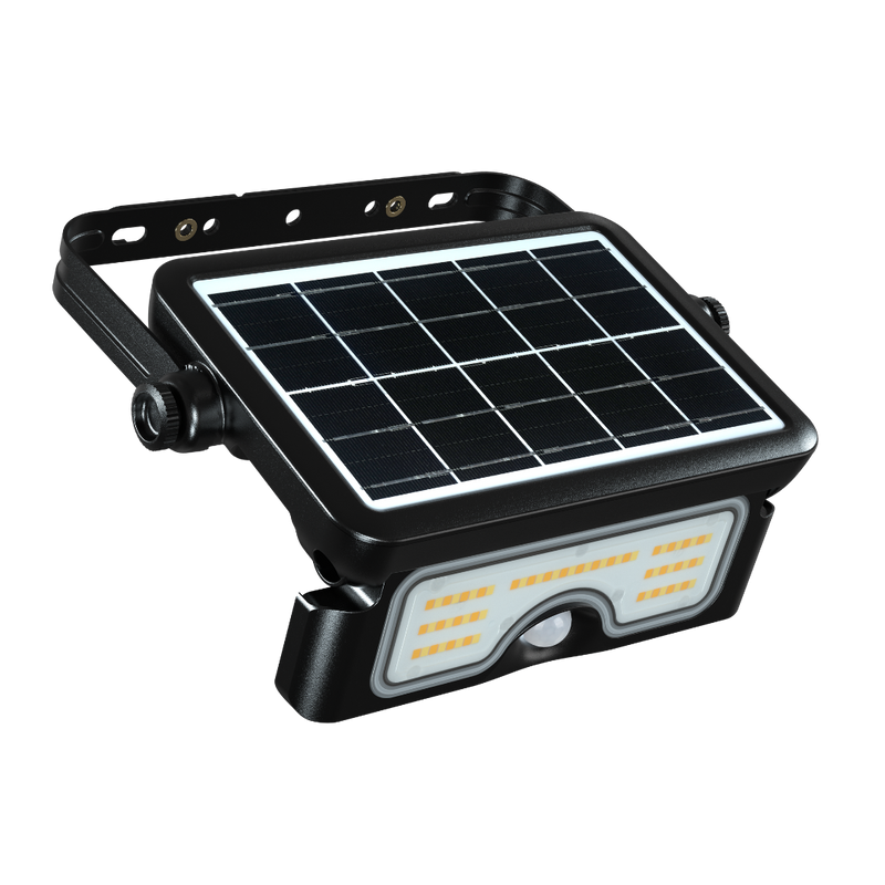 A black solar-powered LED wall light with an integrated mounting bracket, a solar panel on top, and an LED light bar below, shown on a solid white background.