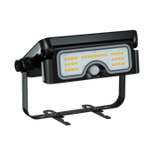 A black outdoor LED wall light fixture with a mounting bracket, featuring a white front panel with yellow LED light bars and a central motion sensor, shown on a solid white background.