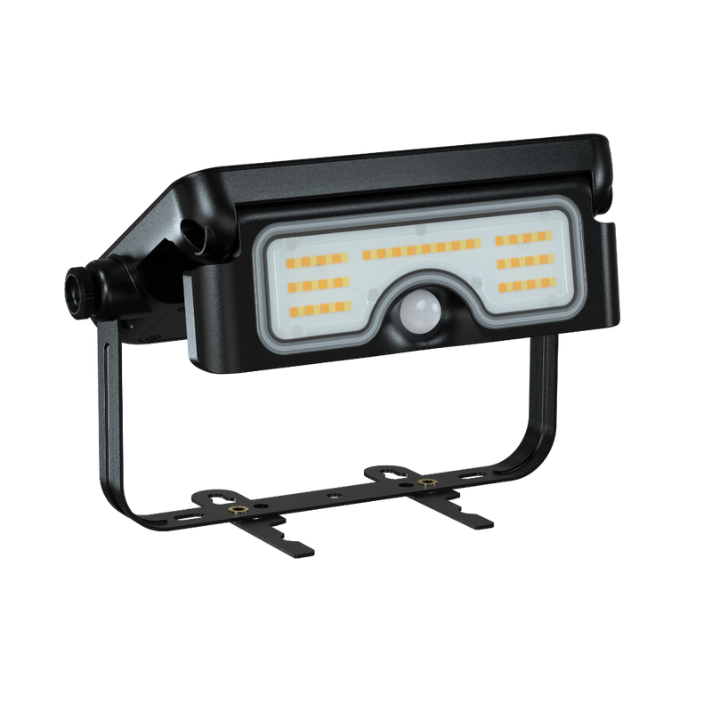 A black outdoor LED wall light fixture with a mounting bracket, featuring a white front panel with yellow LED light bars and a central motion sensor, shown on a solid white background.