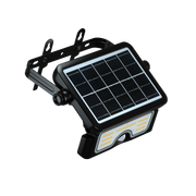 A black solar-powered LED light fixture with an adjustable mounting bracket, a rectangular solar panel on top, and a front-facing light head with yellow LED elements, isolated on a white background.