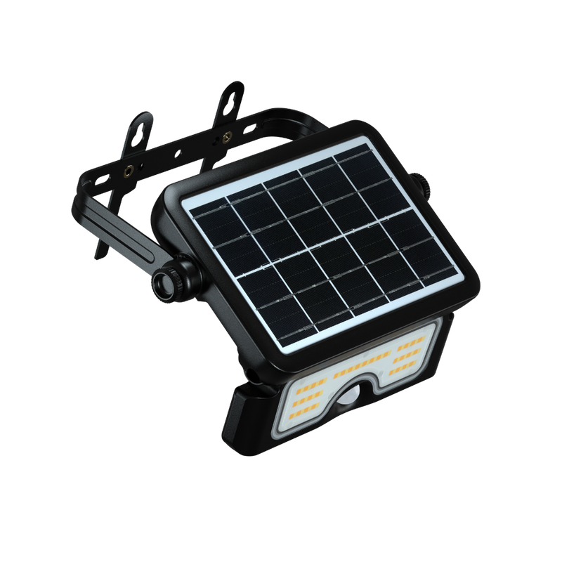 A black solar-powered LED light fixture with an adjustable mounting bracket, a rectangular solar panel on top, and a front-facing light head with yellow LED elements, isolated on a white background.