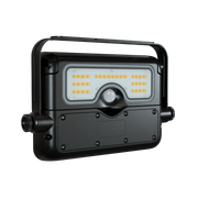 A black outdoor security floodlight with a built-in handle, side adjustment knobs, and an integrated motion sensor, shown on a solid white background.