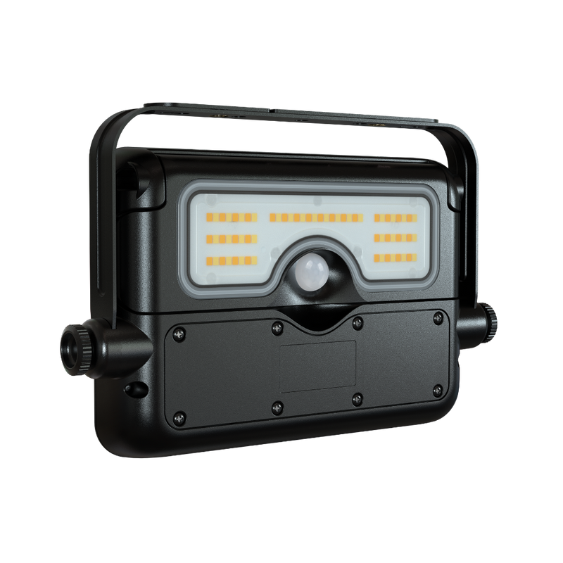 A black outdoor security floodlight with a built-in handle, side adjustment knobs, and an integrated motion sensor, shown on a solid white background.