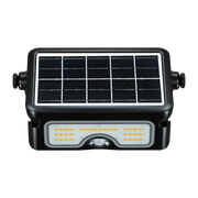 A black solar-powered LED light fixture with an integrated solar panel on top and a motion sensor panel on the front, shown against a plain white background.
