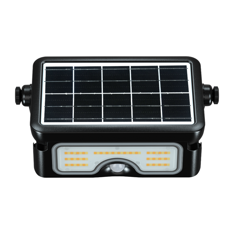 A black solar-powered LED light fixture with an integrated solar panel on top and a motion sensor panel on the front, shown against a plain white background.