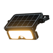 A black solar-powered wall light with an illuminated front panel and a small integrated motion sensor, shown on a plain white background.