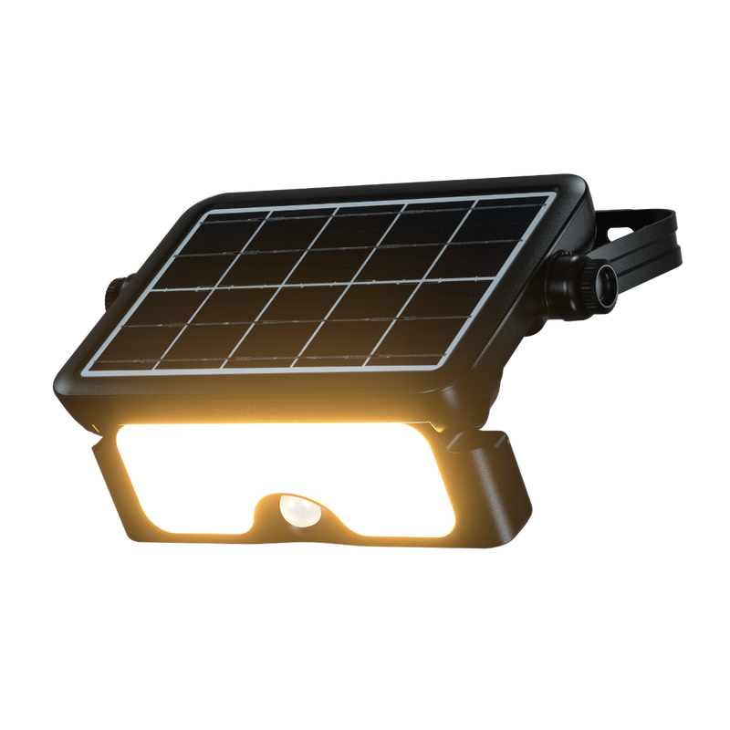 A black solar-powered wall light with an illuminated front panel and a small integrated motion sensor, shown on a plain white background.