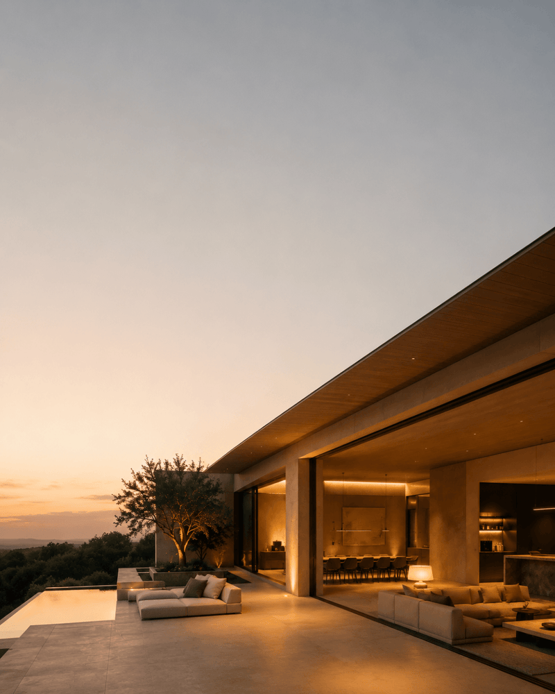 Modern outdoor living space with a house at dusk