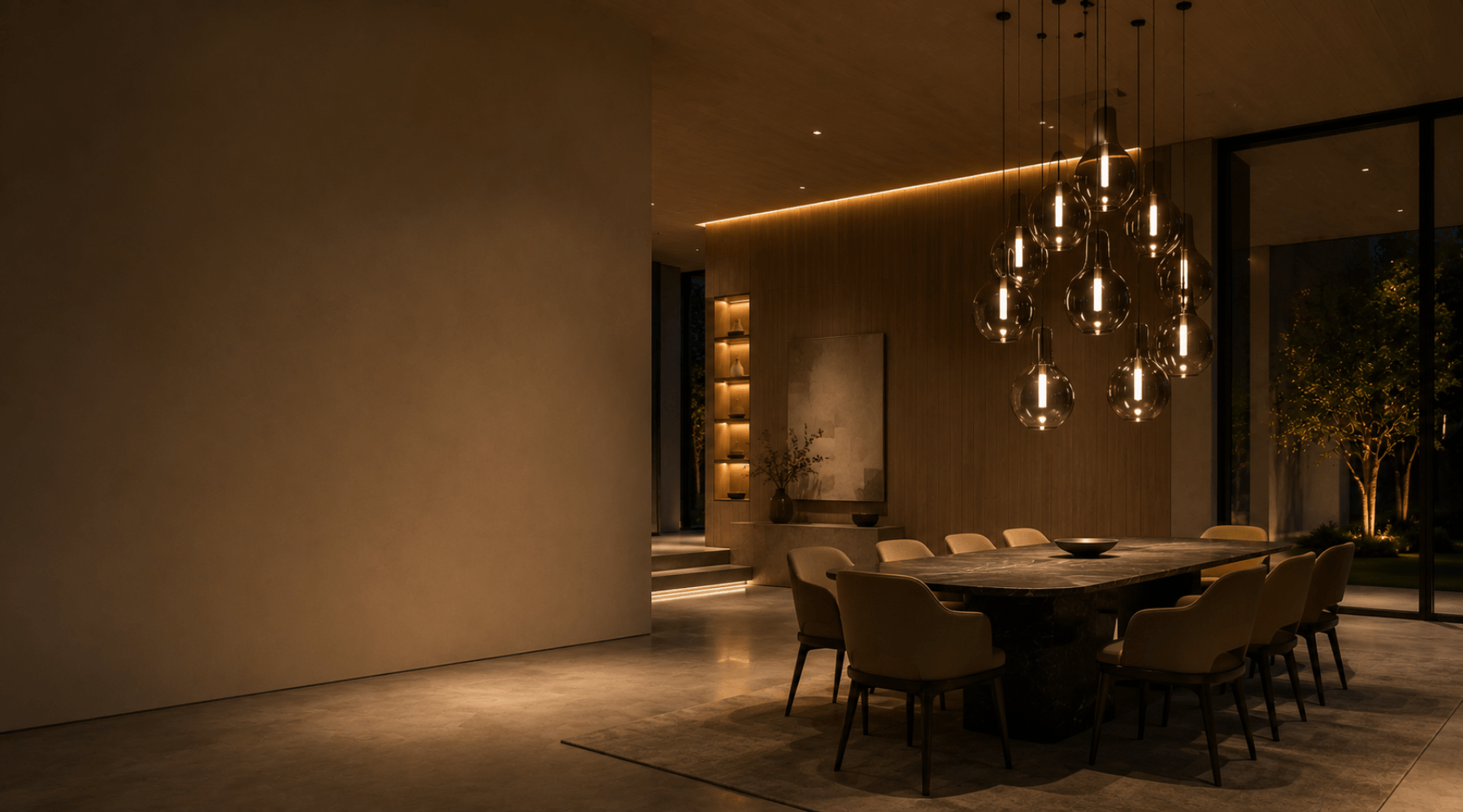 Dining room with a modern chandelier and wooden table.